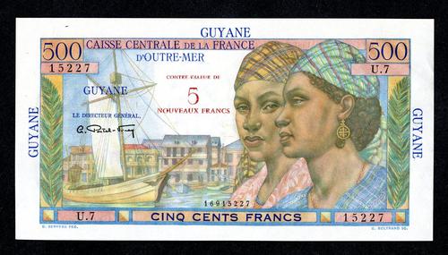 French Guiana, 5 new Francs, P-30, Caisse Centrale de la France d'Outre-Mer, 1961 ND.