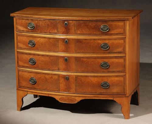 Federal Inlaid and Crossbanded Figured Birch and Maple Bow-Front Chest of Drawers Portsmouth, NH, Circa 1810