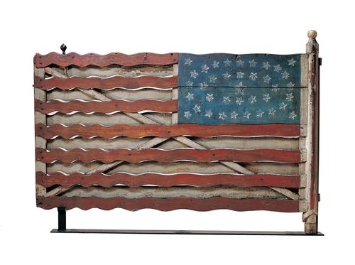 Flag Gate, Jefferson County, New York, c.  1876; Artist unidentified; paint on wood with iron and brass; 39 ½ x 57 x 3 ¾ inches; Collection American Folk Art Museum, New York; Gift of Herbert Waide Hemphill Jr.  in honor of Neal A.  Prince, 1962.1.1; photo by John Parnell, New York