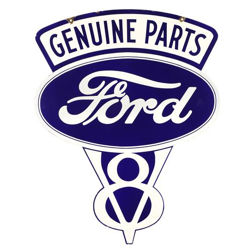 Canadian 1930s Ford V8 double-sided porcelain die-cut sign, 35 ¼ inches by 28 inches, a must-have for any petroliana collection, boasting Henry Ford’s V8 engine (est.  CA$12,000-$15,000).