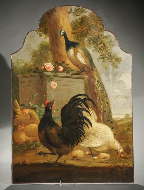 S.  Klapmuts (European 18th-19th Century), Chickens and Roosters in a Classical Landscape, oil on arched canvas