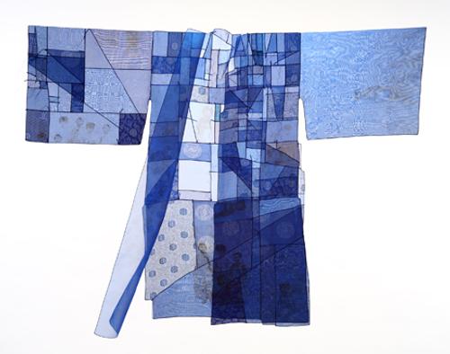 Chunghie Lee Nameless Women, Blue Durumagi 2001-2005 56″ x 68″ silk, bojagi construction, machine stitching, photo image silk screenprinting.  