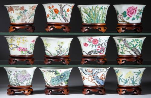 Complete set of Chinese Export Famille Rose 12 Months Porcelain Tea Bowls and Stands, Republic Period.  