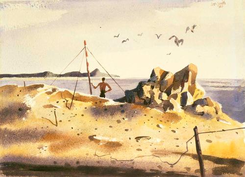 Hughie Lee-Smith (1915-1999), Untitled (Man on Shore), 1956, watercolor on paper, 13 x 18 inches / 33 x 45.7 cm, signed