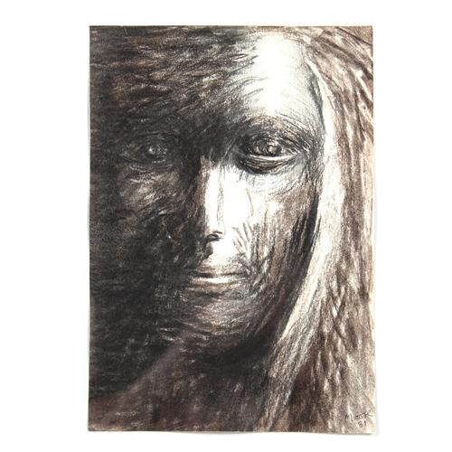 Charcoal and black chalk on paper drawing by Henry Moore (British, 1898-1986), titled Justice, signed and dated 1981 lower right corner.