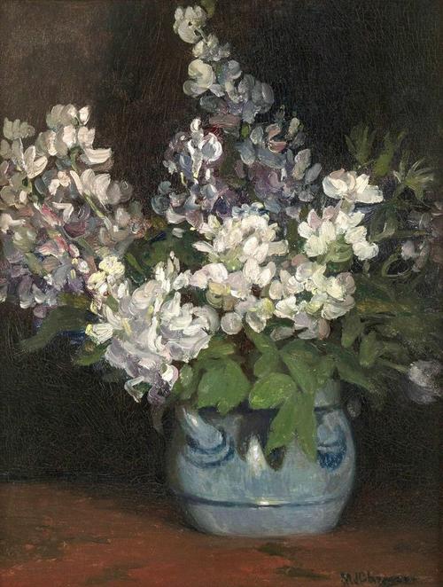 MINERVA JOSEPHINE CHAPMAN (1858-1947) Lilacs Oil on canvas 16 x 12 ½ inches Signed lower right Inscribed “Étude Fleurs”