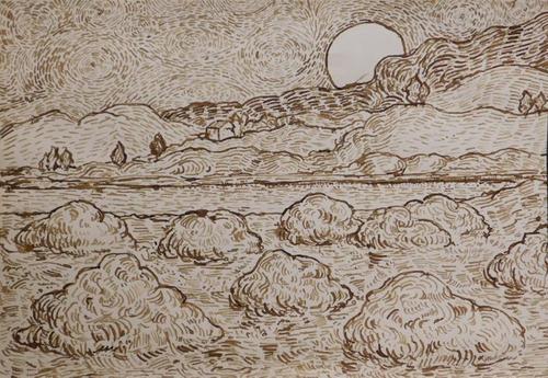 Pen and brown ink drawing on laid paper attributed to the Dutch painter Vincent Van Gogh (1853-1890), titled Landscape with Haystacks, signed "Vincent" (est.  $80,000-$100,000).