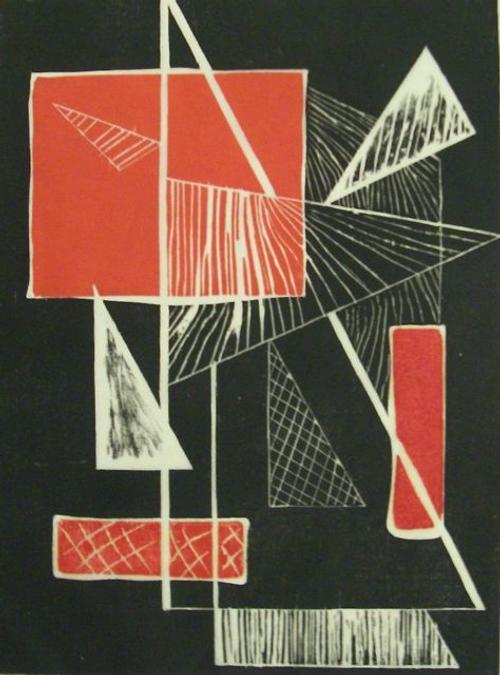 Alice Trumbull Mason, 9 Triangles, 1952, woodcut, on view at the Susan Teller Gallery.