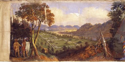 John J.  Egan; Marietta Ancient Fortification; A Grand View of Their Walls, Bastions, Ramparts, Fossa, With the Relics Therein Found, scene one from the Panorama of the Monumental Grandeur of the Mississippi Valley, c.1850; distemper on cotton muslin; Saint Louis Art Museum, Eliza McMillan Trust 34:1953