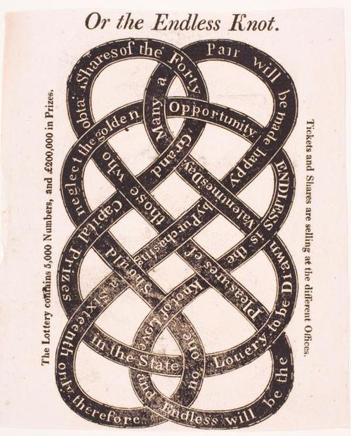 Unidentified artist, American (active 18th century), Lottery Ticket: The Endless Knot, c.  1785–95.  Woodcut.  Harvard Art Museums/Fogg Museum, Gift of Walter S.  Poor, Class of 1905, M20297.