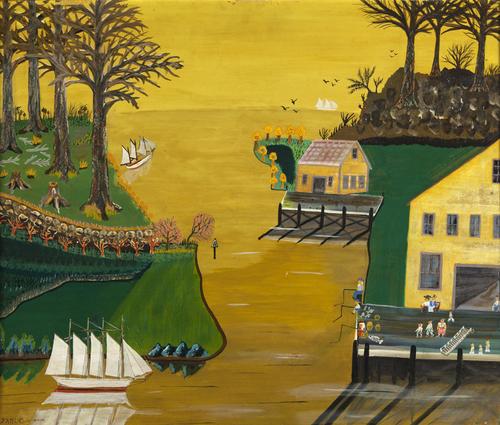 Earl Cunningham (1893-1977), "Life on the Waterfront", c.  1955, Oil on fiberboard, 20 x 24 in.