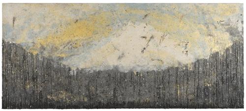 Kyoko Ibe, "Curved Horizon Hogosho with blue and gold", 2009, old gampi paper, mica, sumi ink, old document, 24 x 55 in.