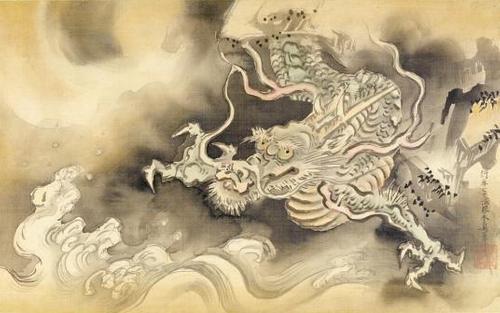 Kano Yasunobu, Japan, Descending Dragon, c.  1683.  Album leaf; ink, color, and gold on silk.  Harvard Art Museums/Arthur M.  Sackler Museum, Bequest of Grenville L.  Winthrop, 1943.56.22.28.