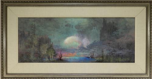 Oil on canvas illuminated surrealist landscape painting by Karnig Nalbandian (R.I., 1916-1989), artist-signed and dated 1969 (est.  $1,000-$1,500)