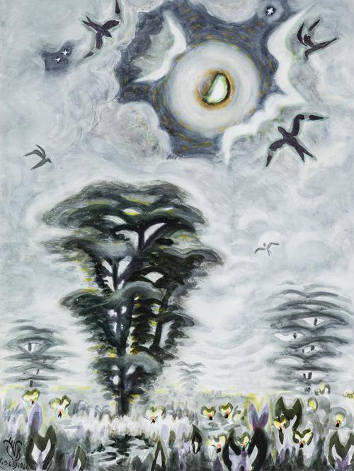 CHARLES BURCHFIELD American, 1893-1967 "Nighthawks And The Moon", (1965) 1966 watercolor on paper initialed and dated lower left "CB (1965) 1966"