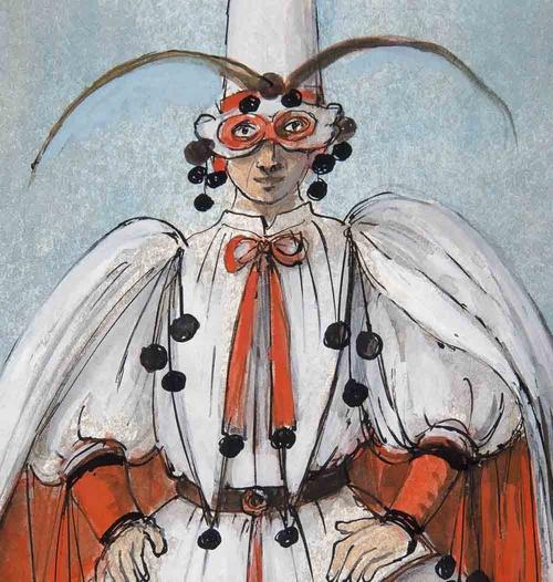 Eugene Berman, Costume design for Pulcinella (detail), 1972.  Watercolor and ink on paper.  Collection of the McNay Art Museum, Gift of The Tobin Endowment.