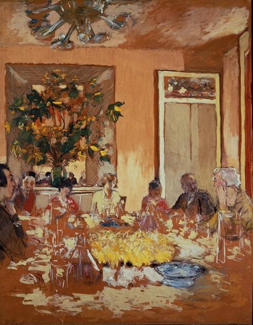 Edouard Vuillard, La salle à manger au château de Clayes, 1935-38.  Tempera and charcoal on paper laid down on canvas.  68 x 53 in