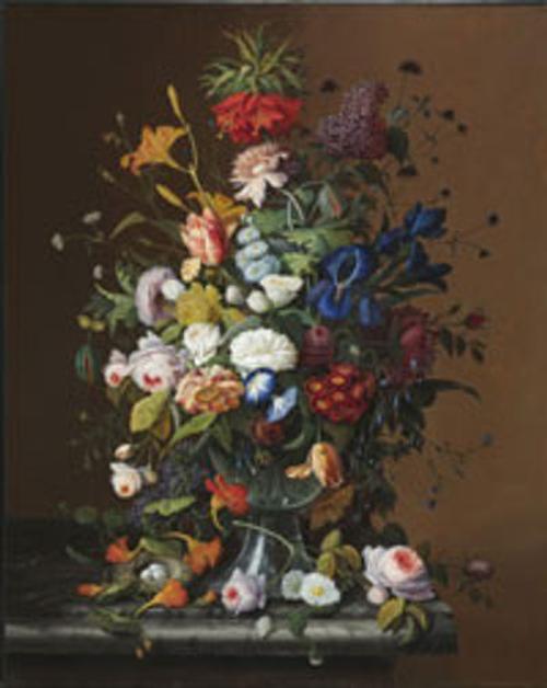 Severin Roesen, Flower Still Life With Bird's Nest 1853, oil on canvas, 40 x 32 in.  