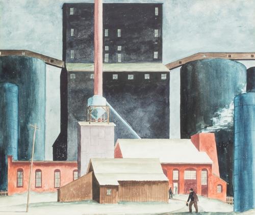 Watercolor painting by David Granahan (American, 1909-1991), titled Night Shifts (1934) ($500-$700).