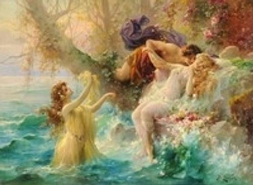 Oil on canvas titled Wedding of the Faun and the Nymph by Hans Zatzka, Austrian, 1859-1945