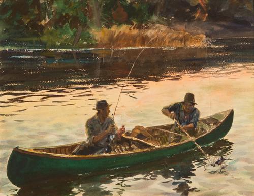 Lot 61: John Whorf,(American, 1903-1959), Salmon Fishing, watercolor 21 1/2 x 28 in., $7,000-10,000