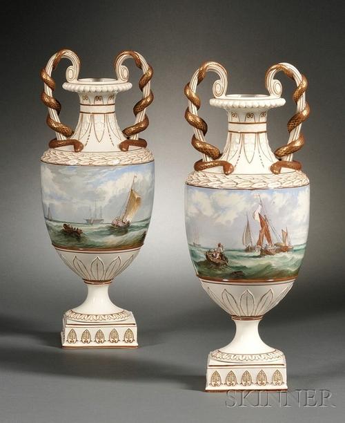 Pair of Wedgwood Marine Decorated Pearlware Vases, England, c.  1875, attributed to John Holloway, est.  $5000-$7000.