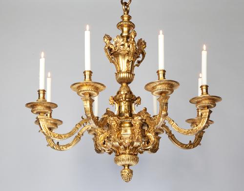 Mallett, London and NY, AN OUTSTANDING LOUIS XIV ORMULU CHANDELIER An extremely rare Louis XIV ormolu eight-light chandelier attributed to André-Charles Boulle with the finest casting and vigorously detailed decoration.  France, circa 1680