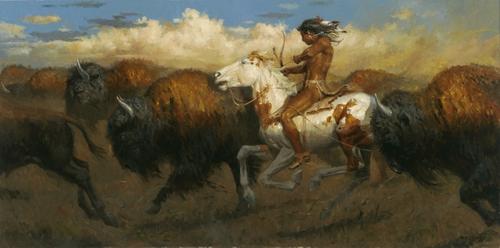 Andy Thomas 24x48 oil "Pursuit of the Buffalo"