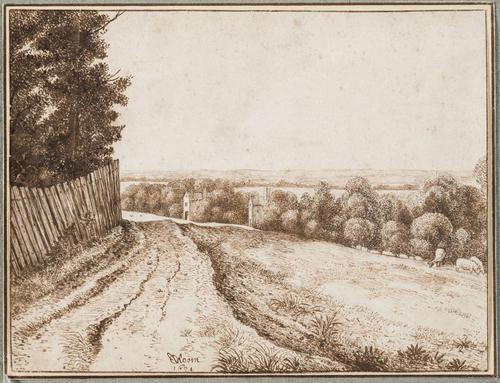 Cornelis Vroom, Dutch, Landscape with a Road and a Fence, 1631.  Brown ink over graphite on off-white antique laid paper.  The Maida and George Abrams Collection, Fogg Art Museum, Harvard University, Cambridge, Massachusetts, Gift of George Abrams in memory of Robert M.  Light, 2020.209.