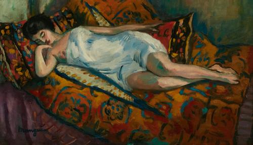 Oil on canvas by Henri Manguin (French, 1874-1949), titled Petite dormeuse en chemise blanche, 1918, 11 inches by 18 inches (est.  $15,000-$25,000).