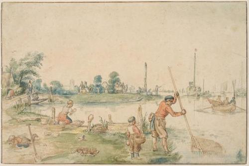 Hendrick Avercamp, Dutch, Landscape (near Ouderkerk?) with a Fisherman, 1620s.  Brown ink and watercolor over graphite on off-white antique laid paper, framing lines in brown and black ink.  Maida and George Abrams Collection, Boston, Long-term loan, 1.2018.202.