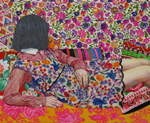 Naomi Okubo, Camouflage #3, 2017, acrylic on cotton cloth, 16×12 in 