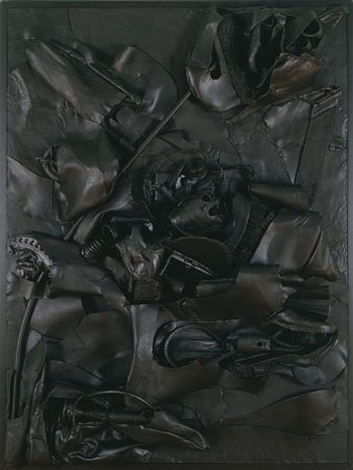 Nancy Grossman (b.1940), Black Lavascape, 1994-95, mixed media assemblage, 48 1/2" x 36 1/4" x 6", signed and dated