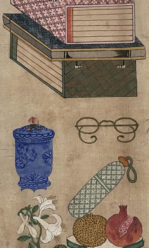 Books and scholars’ accoutrements (ch’aekkŏri), Korea, Chosŏn dynasty, early 20th century.  Eight-panel folding screen; ink and color on silk.  Harvard Art Museums/Arthur M.  Sackler Museum, Acquired with a fund established by Ernest B.  and Helen Pratt Dane for the purchase of Asian art and through the generosity of the Ralph C.  Marcove International Understanding Through Arts and Crafts Foundation, Inc.  and Christina Marcove, 2014.198.