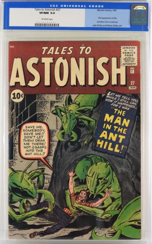 Copy of Tales to Astonish #27 (Jan.  1962), graded CHC 9.0, featuring the first appearance of the Ant-Man, with artwork by Jack Kirby and Steve Ditko (estimate: $40,000-$60,000).  