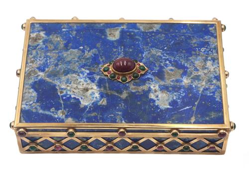 Blue lapis and yellow gold bejeweled hinged casket box, unmarked, tests 14kt, possibly Russian, with semi-precious gemstones (est.  $5,000-$10,000).