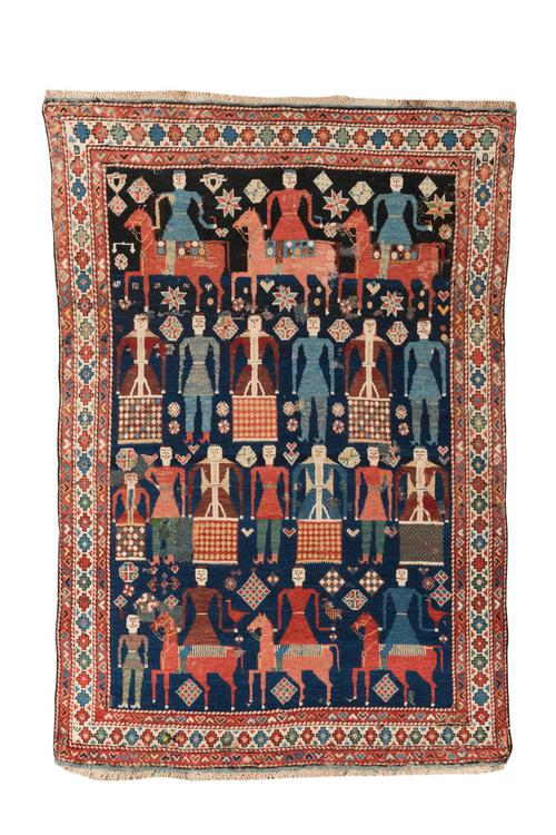 KUBA PICTORIAL RUG, Caucasus, second half 19th century; 5 ft.  7 in.  x 3 ft.  11 in., estimate: $15,000-25,000