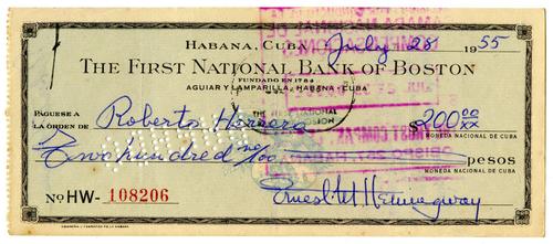 Spanish-printed check signed by Ernest Hemingway (as “Ernest M.  Hemingway”), dated July 28, 1955, drawn on the First National Bank of Boston (Havana, Cuba branch) (est.  $800-$1,000).