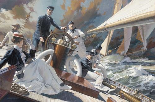 "A Thrash to Windward: Mrs.  Iselin and the Crew of COLUMBIA, 1899", 44" x 28", Oil on Linen, by Russ Kramer of Stonington, CT