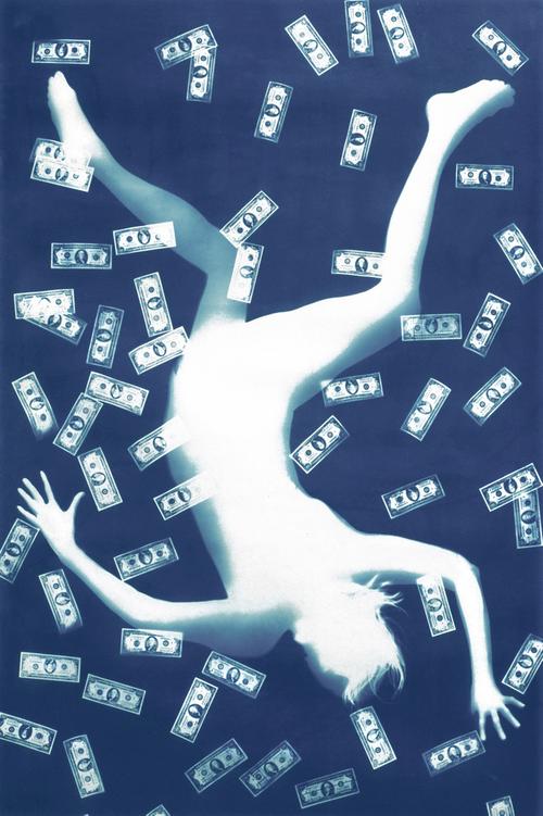 Nancy Wilson-Pajic, Falling Angel VI: Dollars Unique photogram in cyanotype 88 X 56,8 in