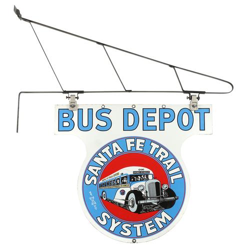 American 1940s Santa Fe Trail System Bus Depot double-sided porcelain sign, each side featuring a detailed image of a 1940s bus in the Santa Fe system (est.  $8,000-$12,000).