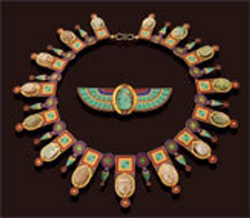 Egyptian Revival Necklace and Brooch, circa 1860.  Castellani.  Gold, steatite and faience scarab and micromosaic.  (Sold at Sotheby’s, 2006)