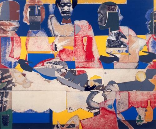 Romare Bearden.  Feast, 1969.  Collage on plywood, 21 x 25 inches.  DC Moore.