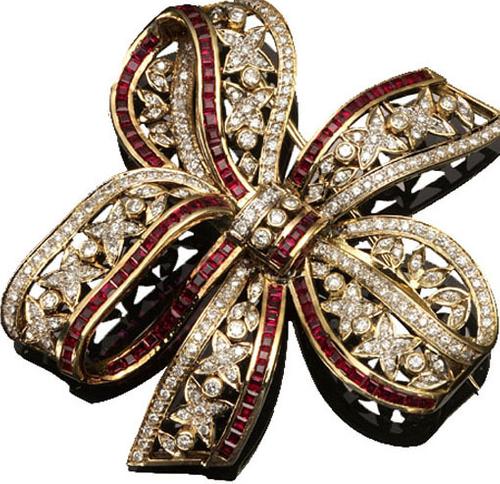 A 14-Karat Yellow-Gold, Ruby and Diamond 'Bow-Knot' Brooch