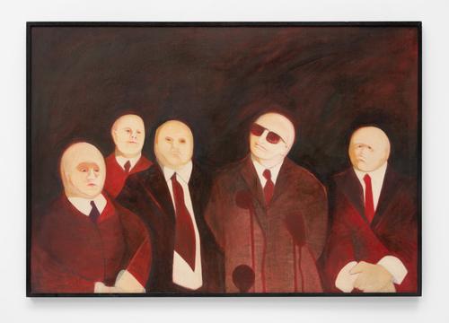 Katie van Scherpenberg b.  1940 The Executives, 1976 Signed & dated on reverse Tempera and oil on canvas 98 x 143.5 cms 38 5/8 x 56 1/2 inches