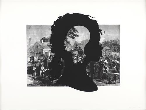 Kara Walker, American, born 1969; Exodus of Confederates from Atlanta, from the portfolio Harper’s Pictorial History of the Civil War (Annotated), 2005; offset lithograph and silkscreen; 39 x 53 inches; Saint Louis Art Museum, Promised gift of Alison and John Ferring © Kara Walker