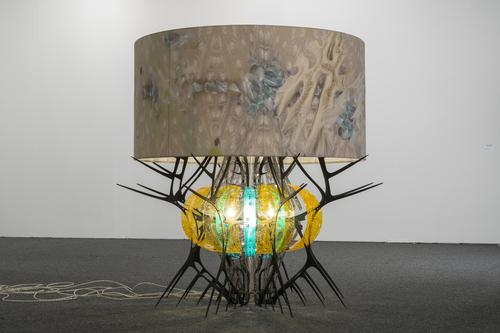 Jorge Pardo, "Untitled (Sea Urchin)," 2012.  Aluminum, molded Plexiglas, canvas, electrical cords, light bulb.  SBMA, Museum Purchase with funds provided by The Museum Contemporaries and the 20th Century Art Quasi Endowment Fund.