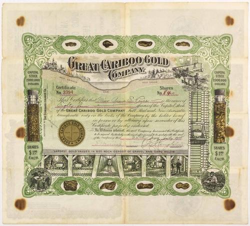 Gorgeous 1908 stock certificate for the Great Cariboo Gold Company of British Columbia, Canada, for 84 shares, issued to Annie E.  Price (est.  $500-$1,000).