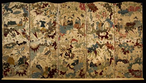 A French 18th century silk and embroidered five panel screen.