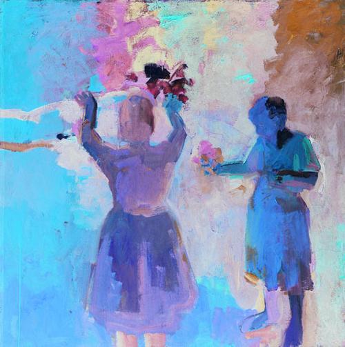 Elmer Bischoff, "Two Women in Vermillion Light," 1959.  Oil on canvas, 67 1/2 x 67 1/2 inches, San Jose Museum of Art, gift of Ann-Marie and Averill Mix.  